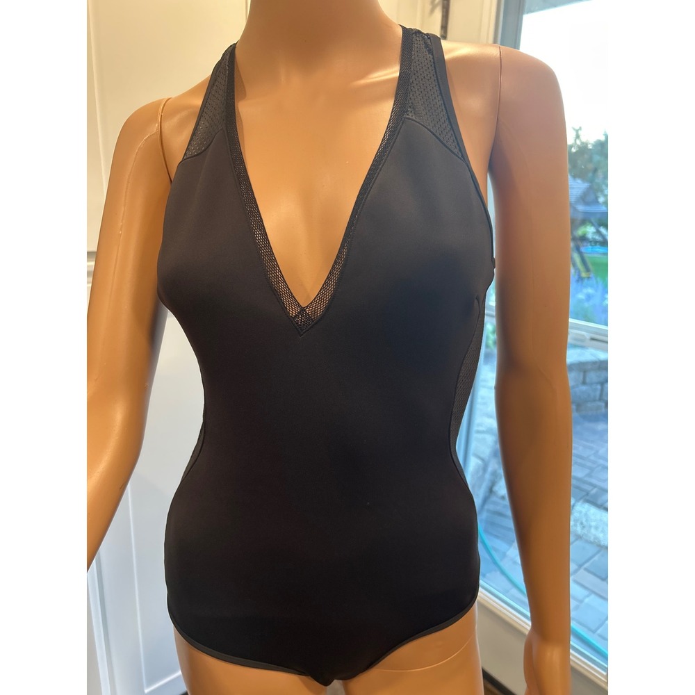 Stella McCartney Black Mesh Panel Racerback One Piece Swimsuit V-Neck Cutout